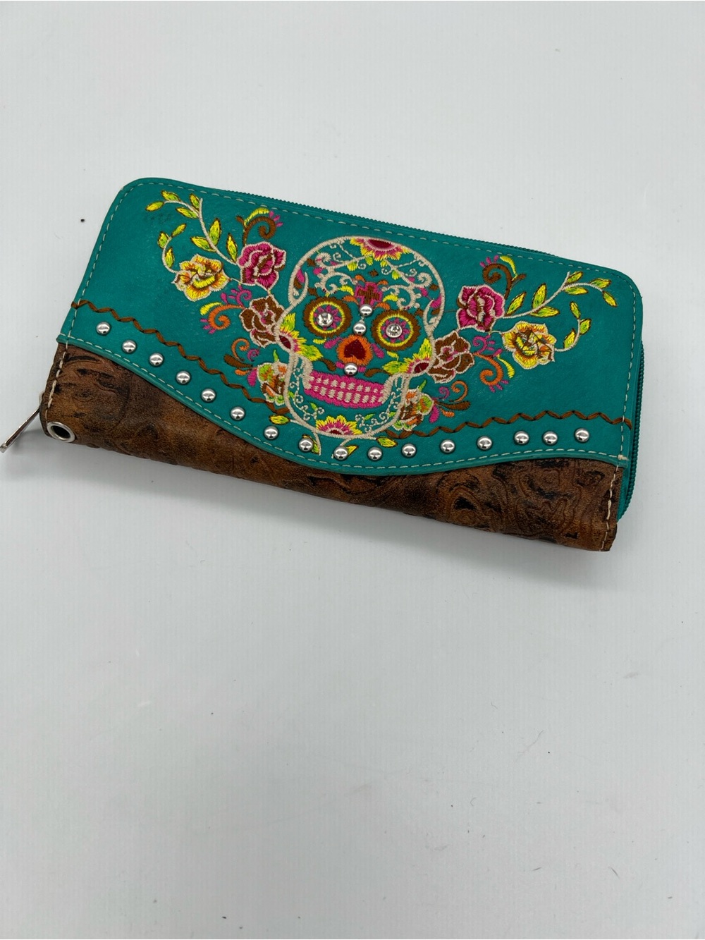 American Bling Teal Floral Sugar Skull Zip Wallet